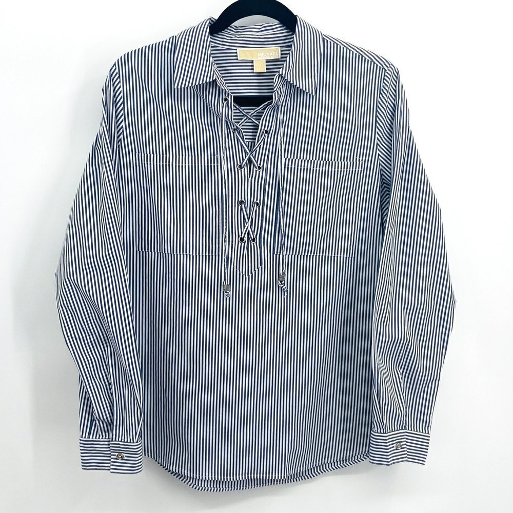 MICHAEL KORS Blue White Pinstripe Lace Up Long Sleeve Blouse Size Medium